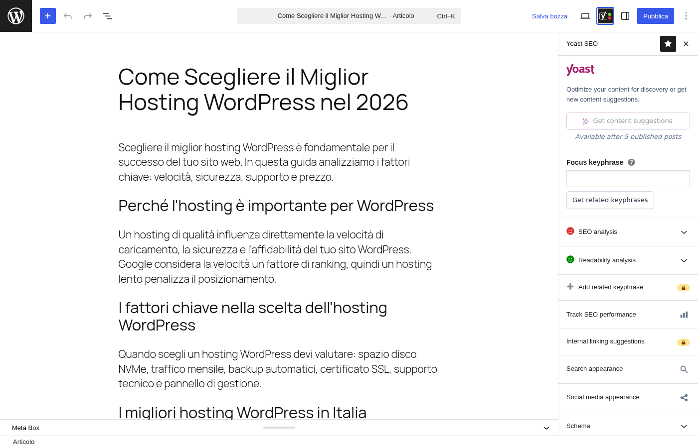 Sidebar Yoast SEO nell'editor Gutenberg con analisi SEO, leggibilità e frase chiave