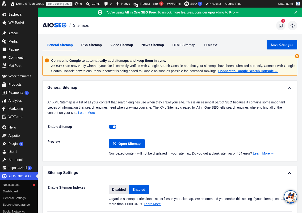Diagnostica problemi sitemap in All in One SEO