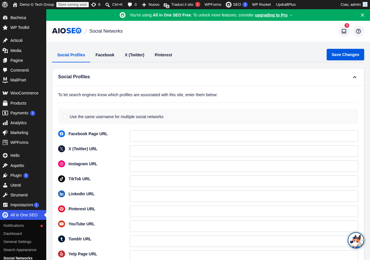 Screenshot del plugin nella dashboard WordPress