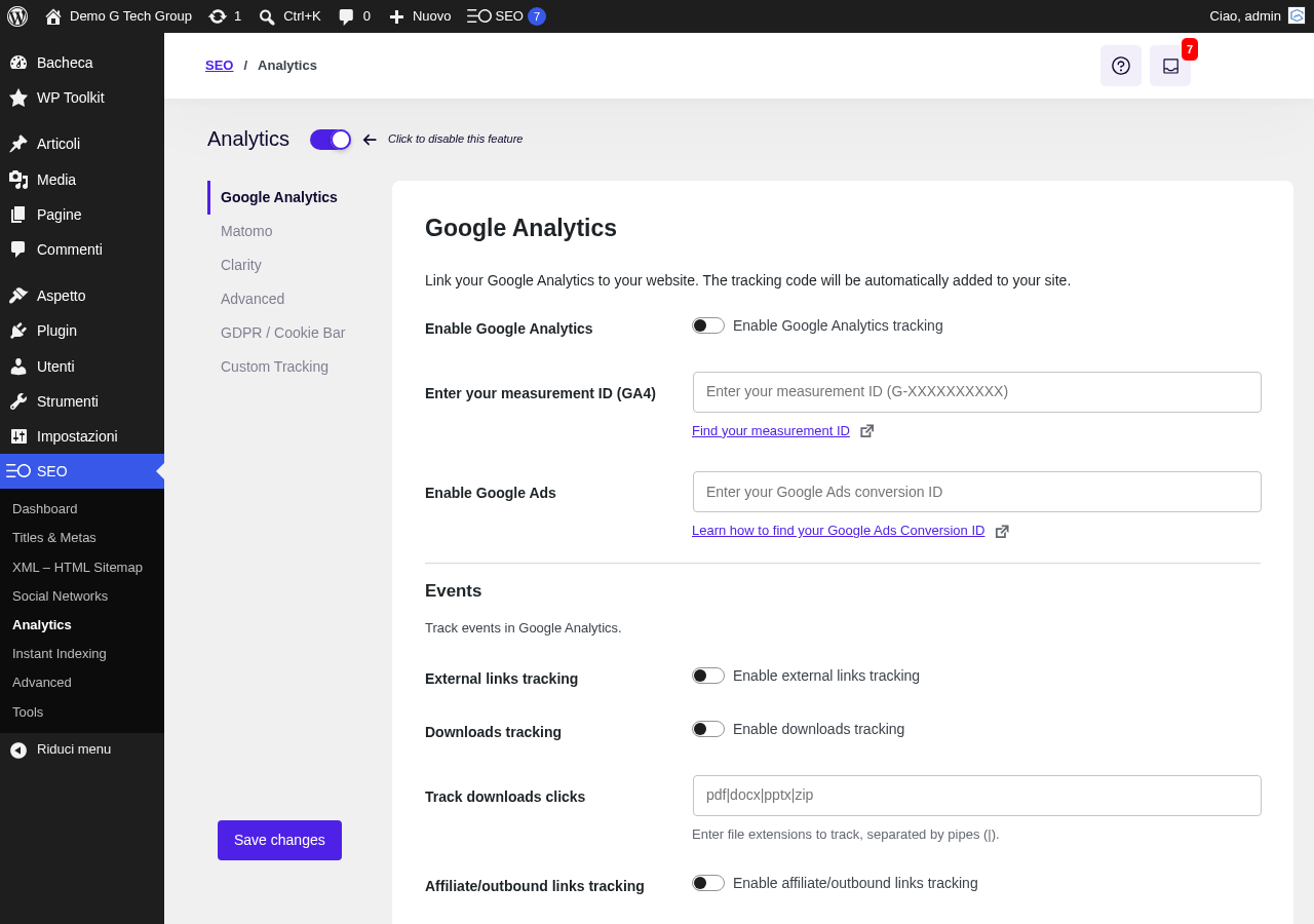 Sezione Google Analytics di SEOPress per inserire il tracking code GA4