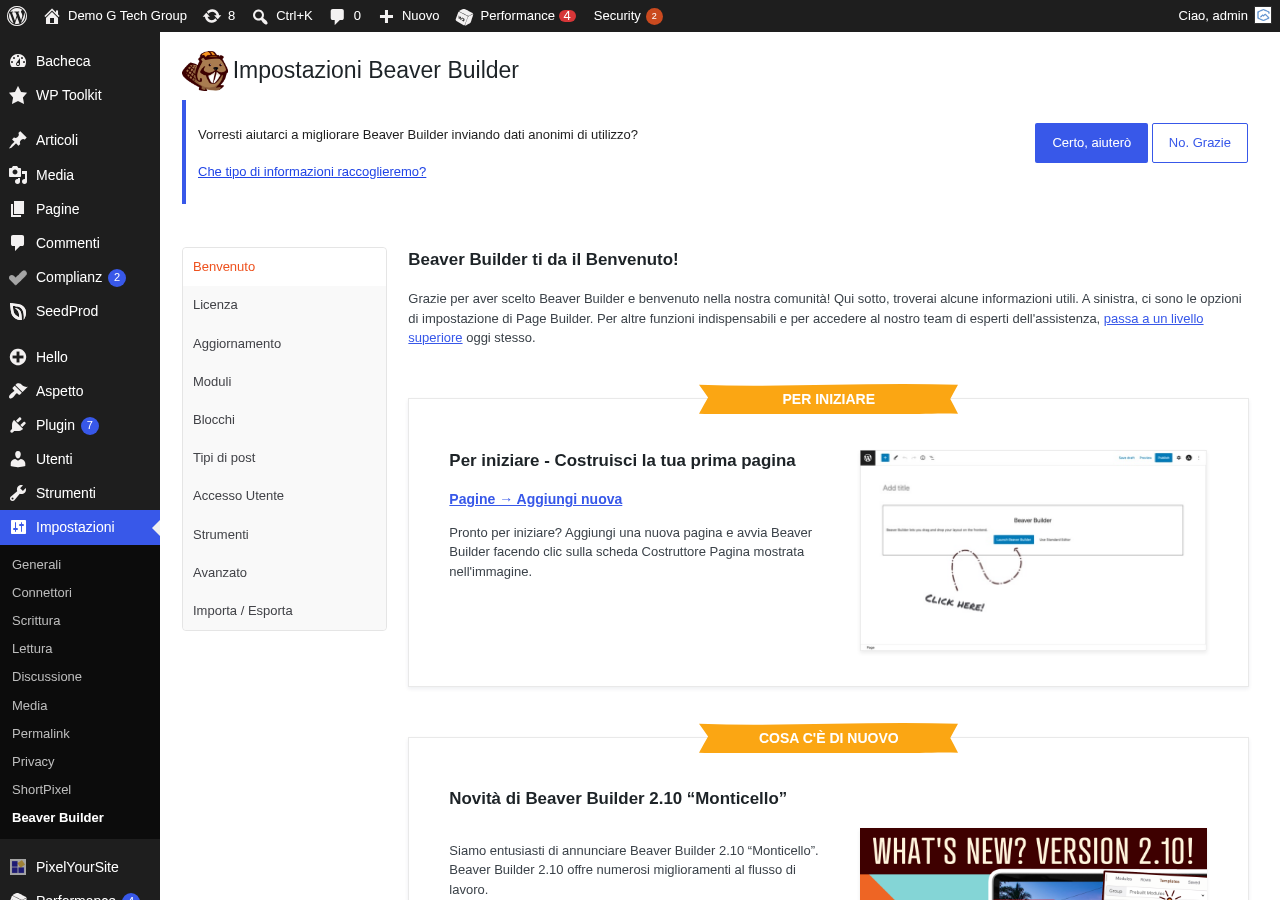 Pannello impostazioni di Beaver Builder nella dashboard WordPress