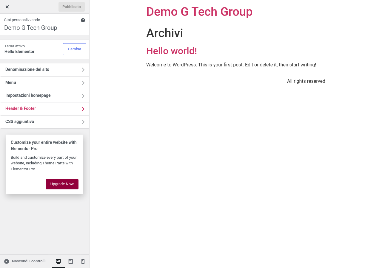 Personalizzazione header Hello Elementor