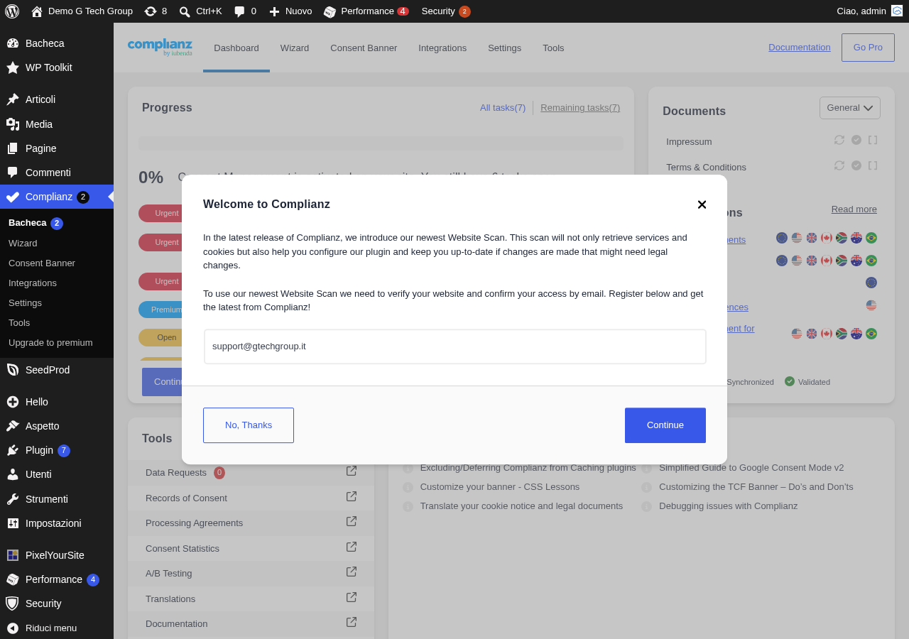 Dashboard di Complianz dopo l’installazione su WordPress