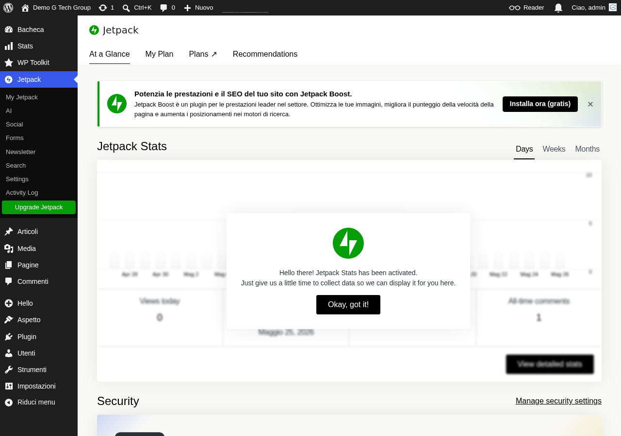 Pagina debug Jetpack per verificare stato connessione e servizi