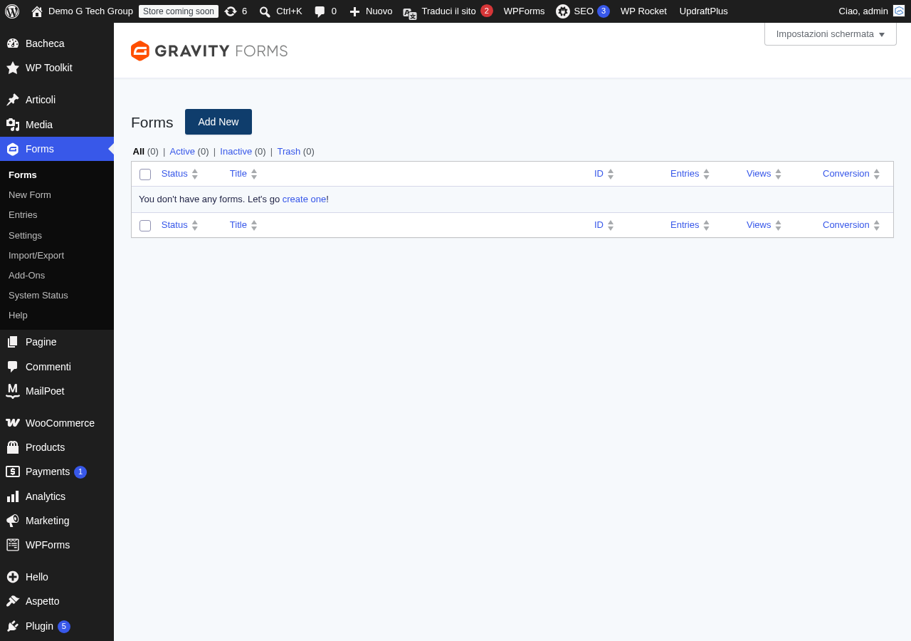 Dashboard di Gravity Forms con panoramica dei moduli e delle funzionalità