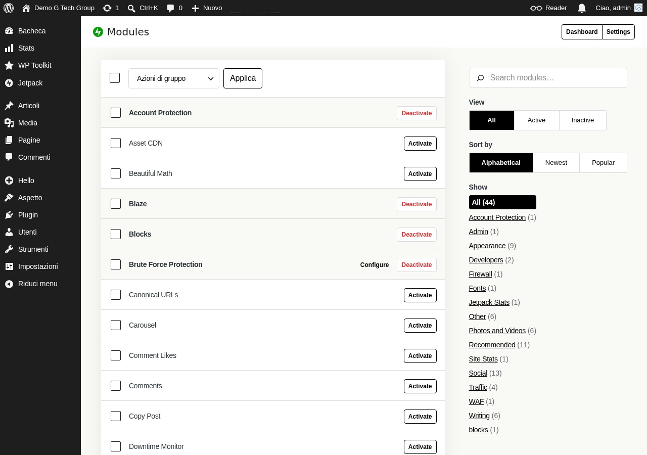 Lista moduli Jetpack con Account Protection e Brute Force attivi