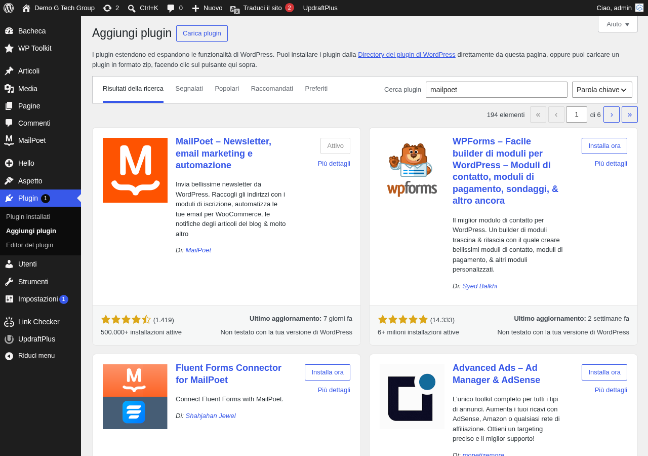 Ricerca del plugin MailPoet nella directory dei plugin WordPress