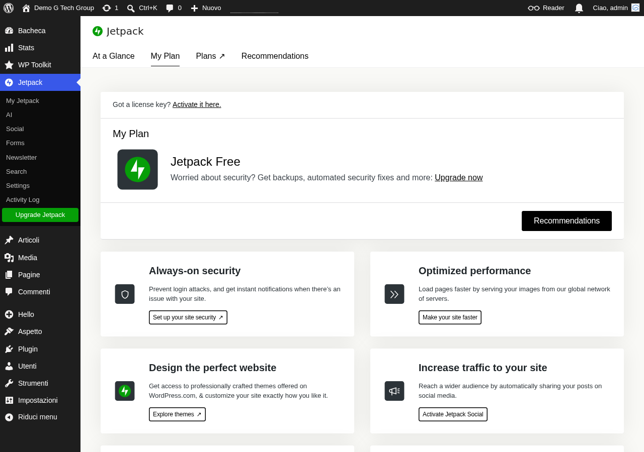 Pagina piano Jetpack con confronto funzionalita Free e Premium