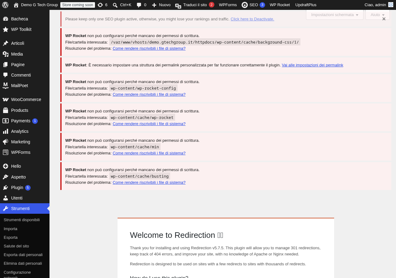 Dashboard di Redirection dopo l’importazione di redirect in blocco