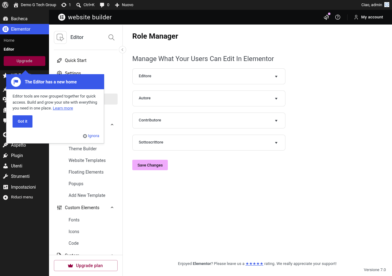 Pannello Role Manager di Elementor Pro per la gestione dei ruoli e dei permessi