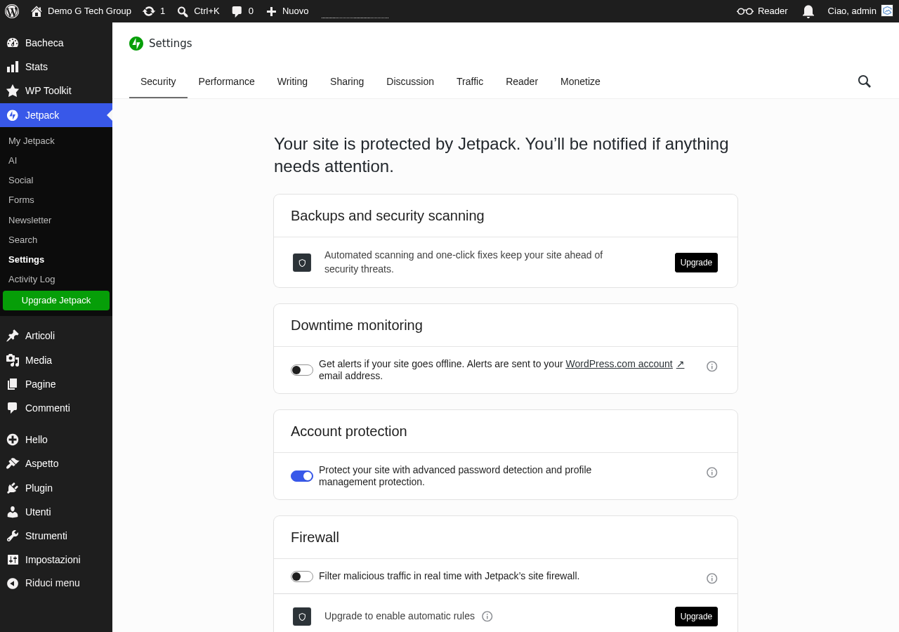 Pagina impostazioni principali di Jetpack dopo la connessione