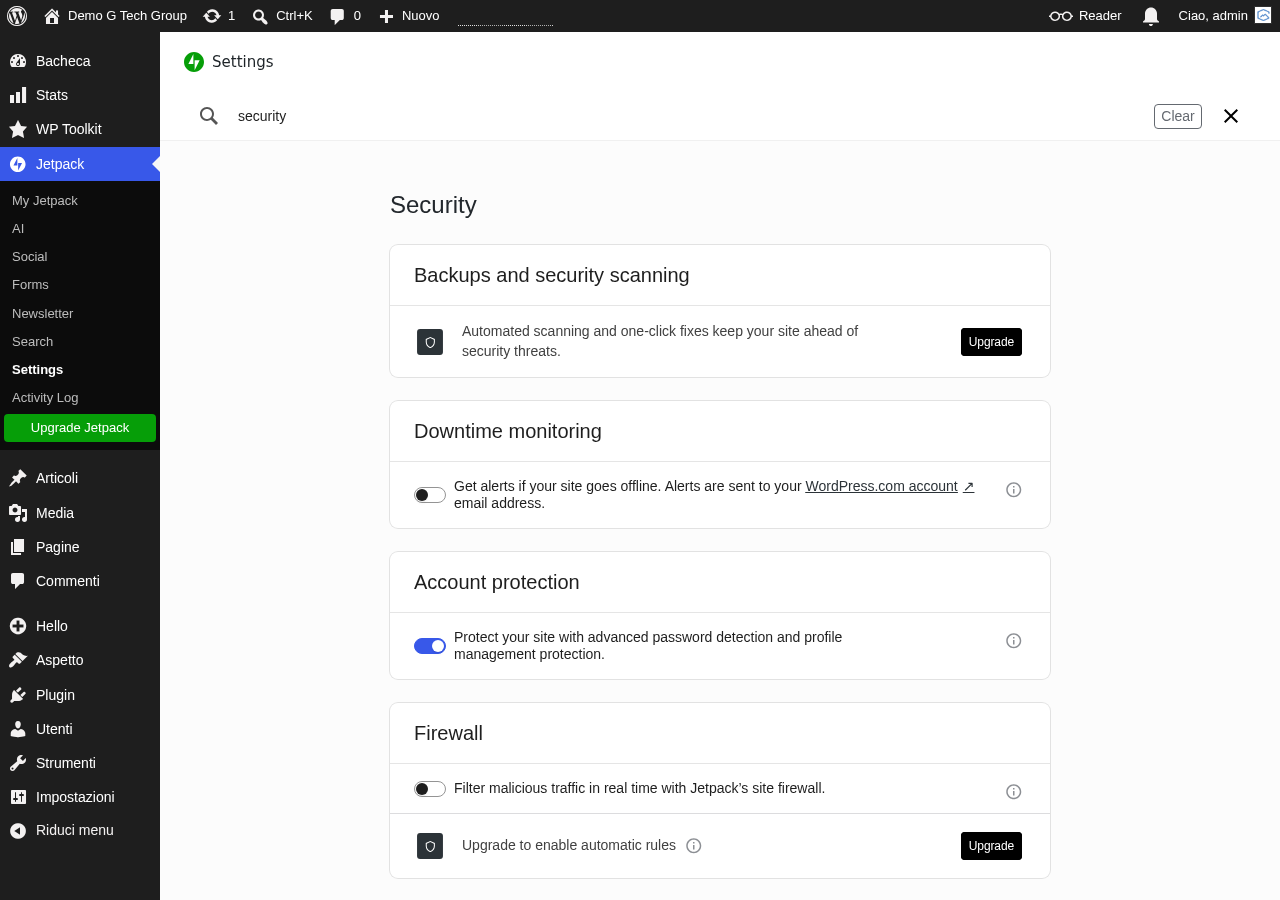 Impostazioni sicurezza Jetpack con backup, downtime monitoring e firewall