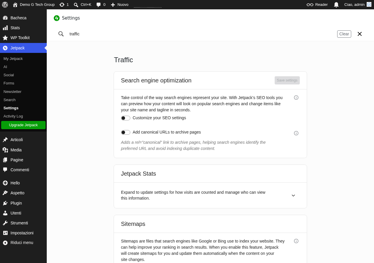 Impostazioni Jetpack Traffic con opzioni per Infinite Scroll e funzionalita blog