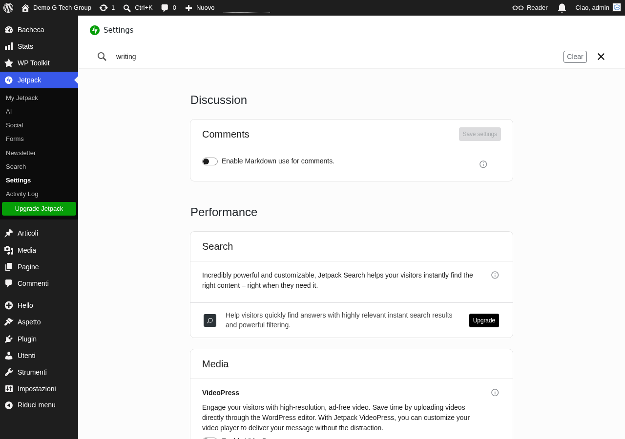 Impostazioni scrittura Jetpack con composizione e formattazione post