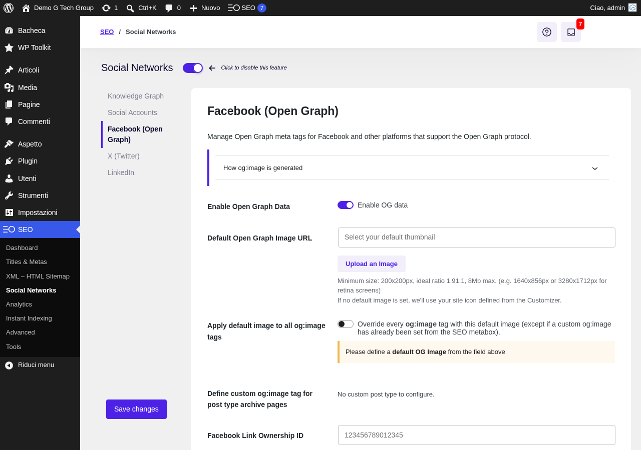 Configurazione Open Graph di SEOPress per anteprime Facebook e social