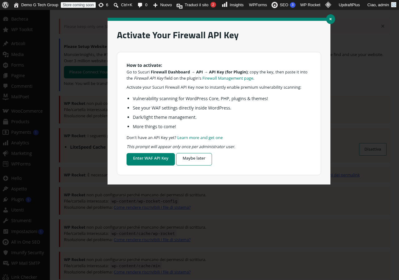 Dashboard del plugin gratuito Sucuri Security con le funzionalità disponibili