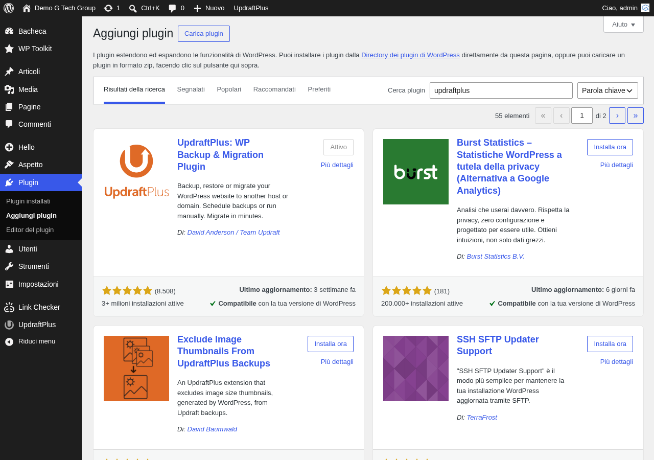 Ricerca del plugin UpdraftPlus nella directory ufficiale di WordPress