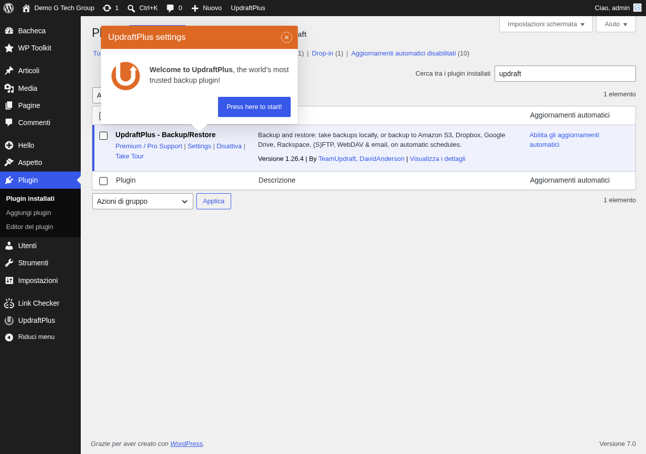Pagina dei plugin WordPress con UpdraftPlus installato