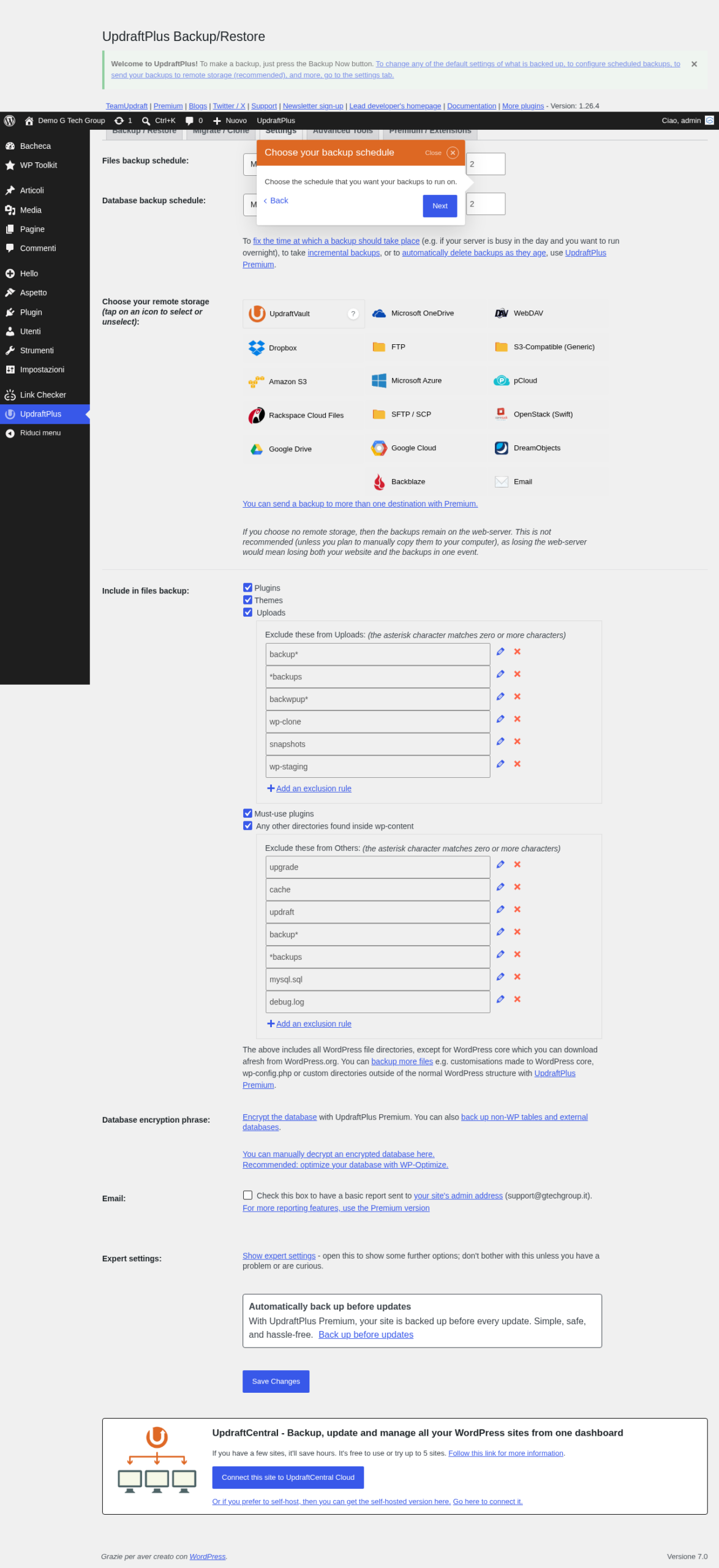 Panoramica completa delle impostazioni di UpdraftPlus con esclusioni configurate