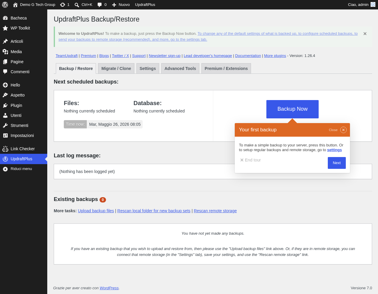 Pannello principale di UpdraftPlus con panoramica dei backup e dello stato del sistema