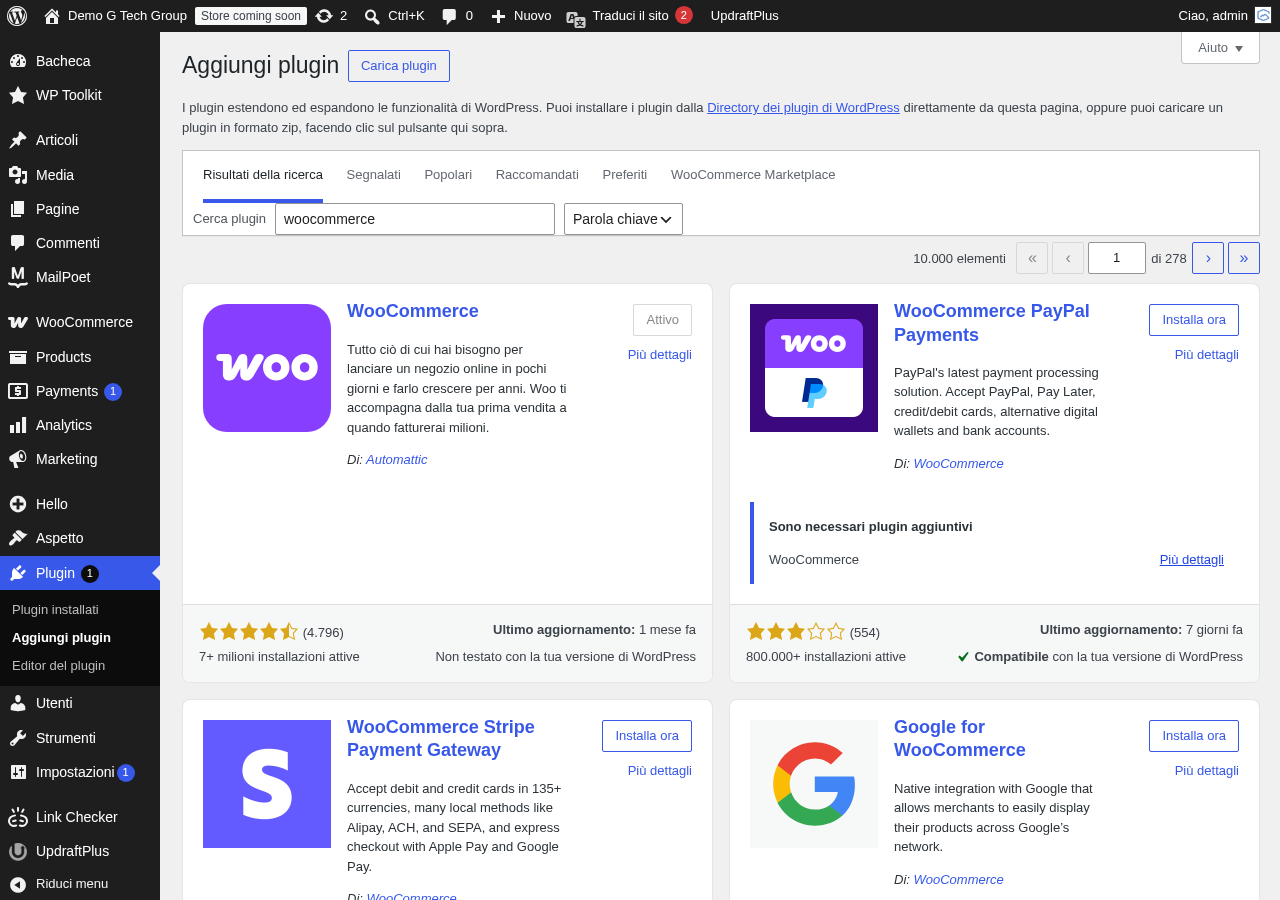 Ricerca del plugin WooCommerce nel repository WordPress