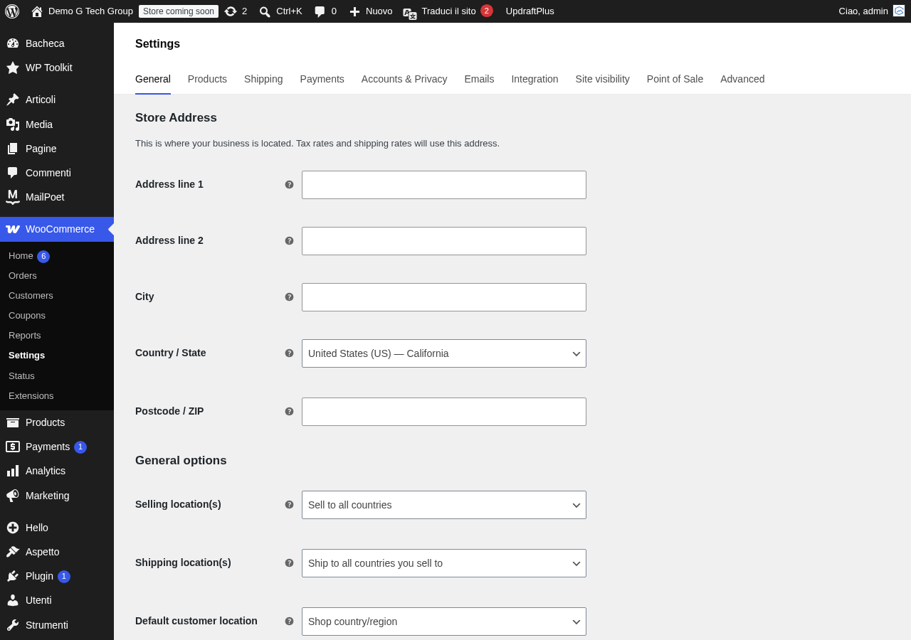 Pannello impostazioni WooCommerce con le opzioni di privacy e conformità GDPR