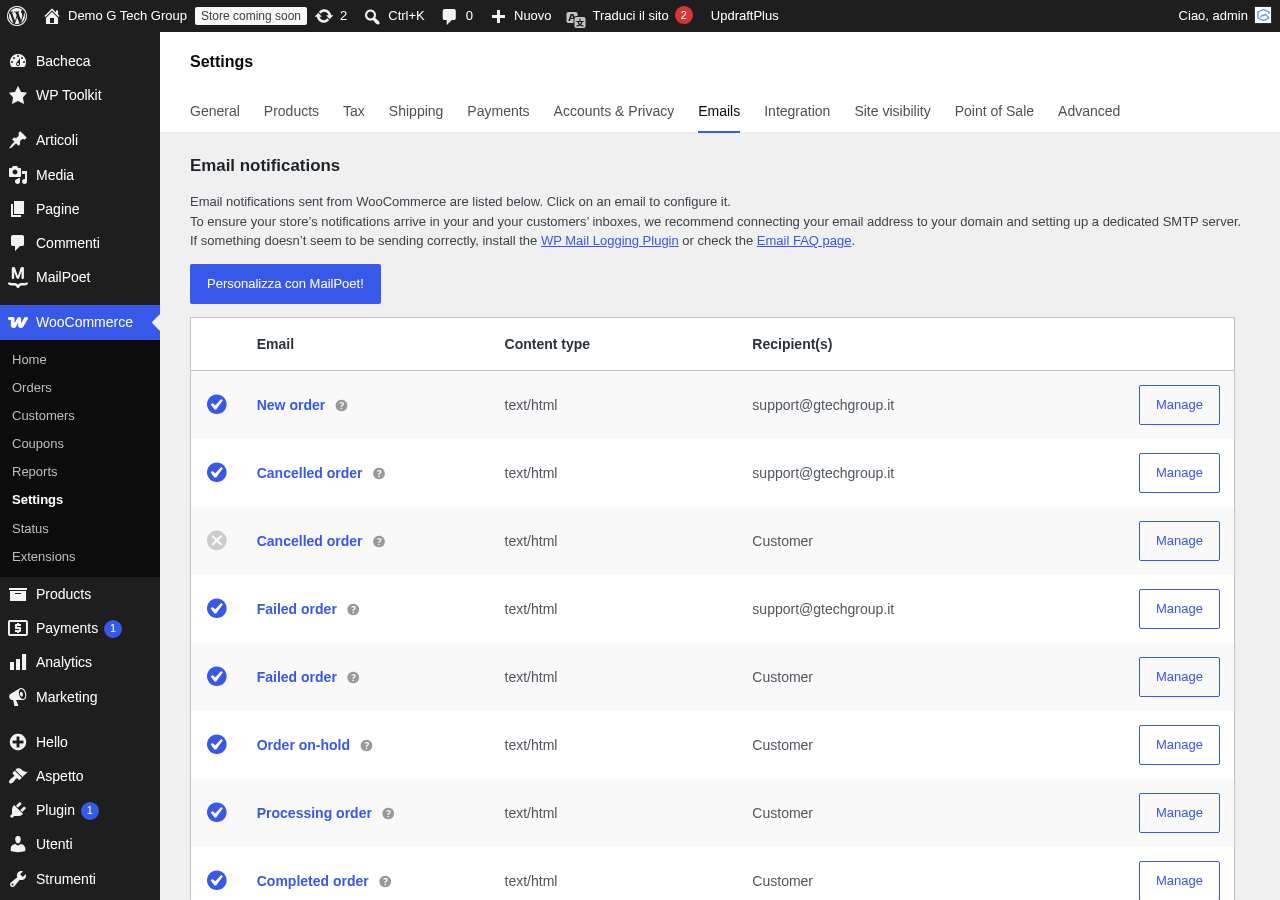 Configurazione email WooCommerce per notifiche privacy e comunicazioni GDPR ai clienti