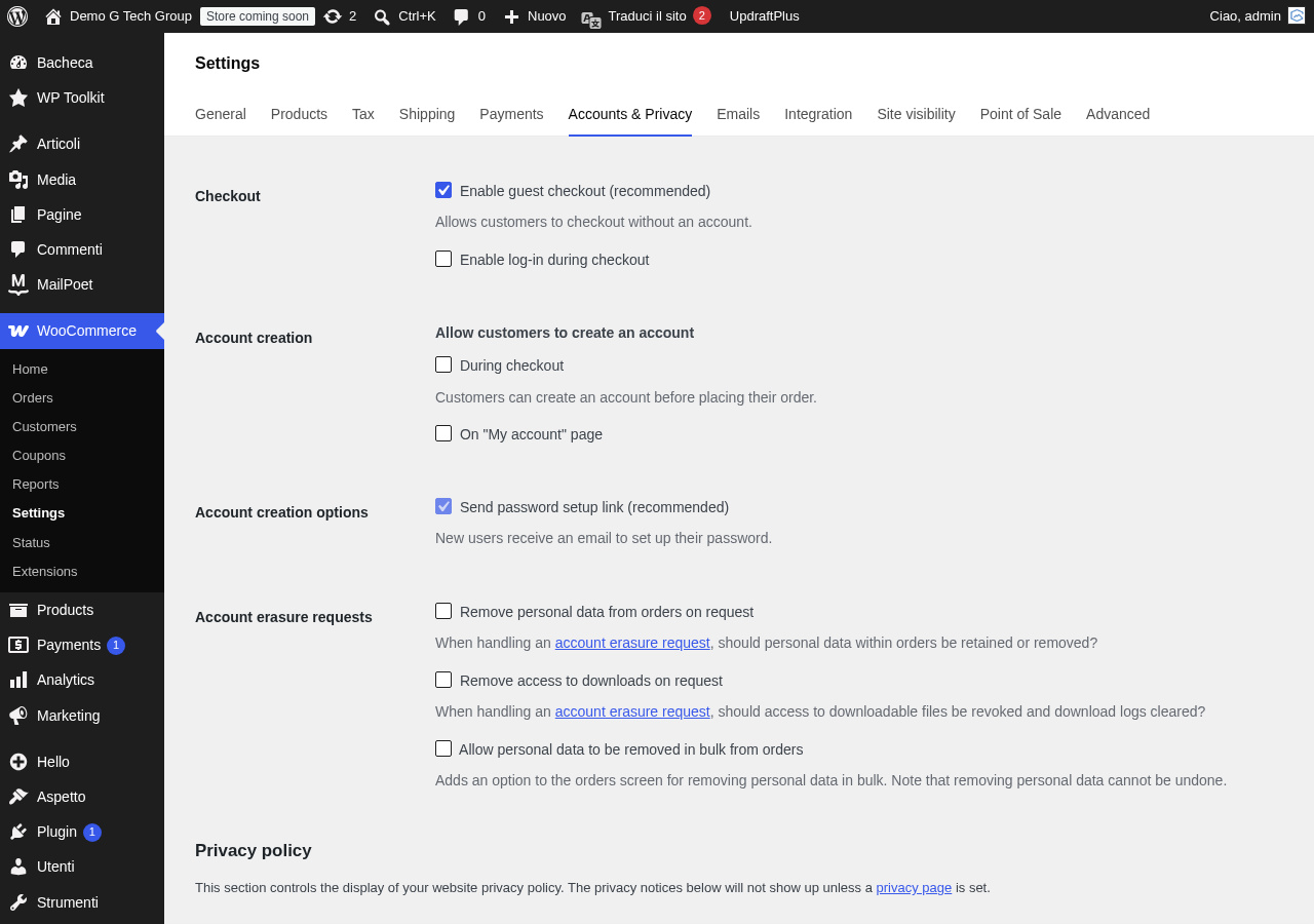 Impostazioni account WooCommerce per la gestione degli studenti e degli accessi ai corsi online