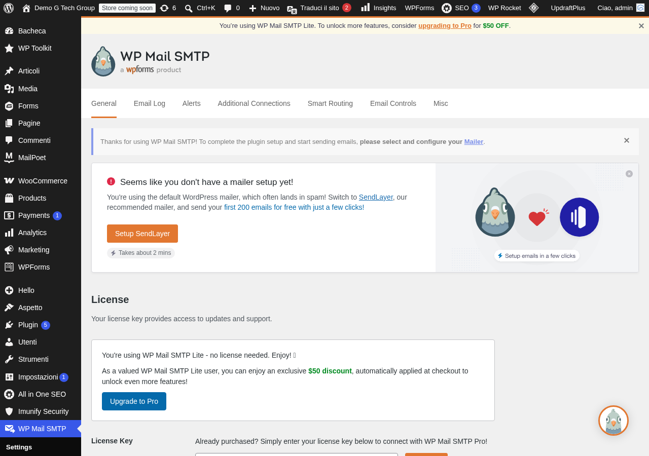 Dashboard WP Mail SMTP con stato degli errori e delle connessioni