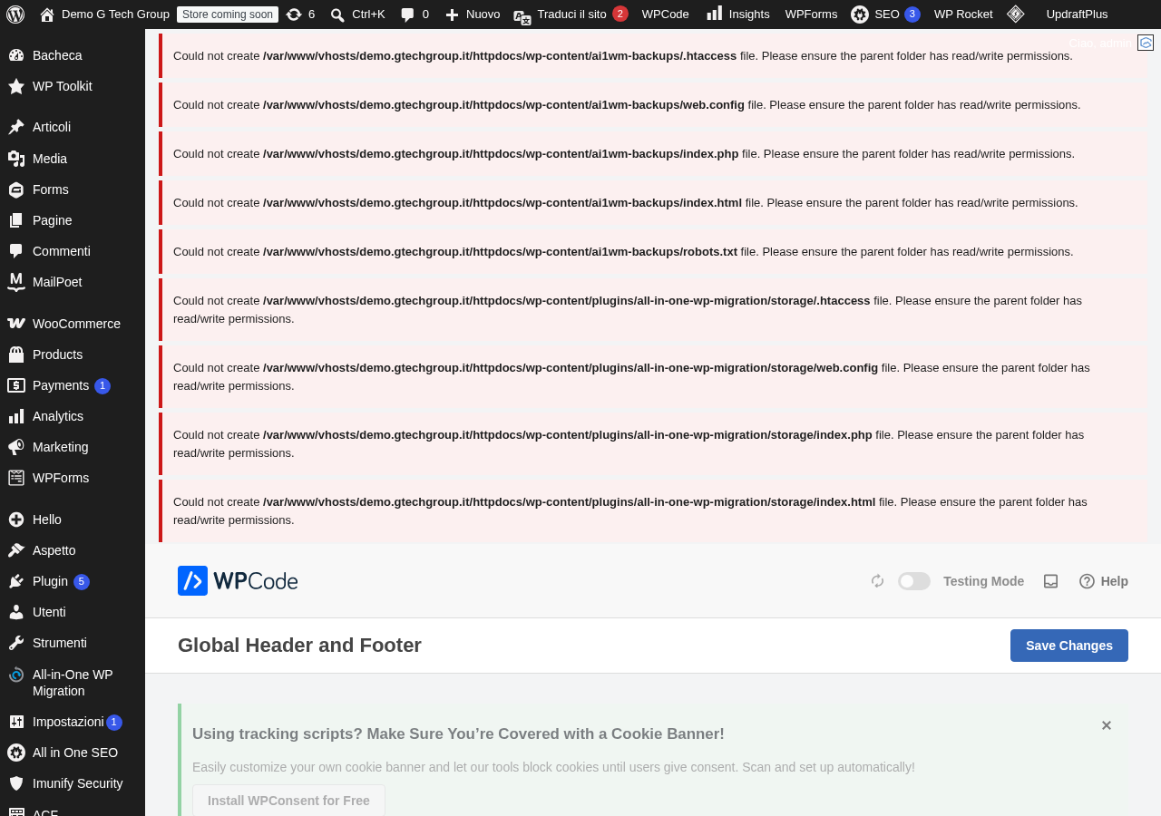 Sezione Header e Footer di WPCode per inserire codice globale