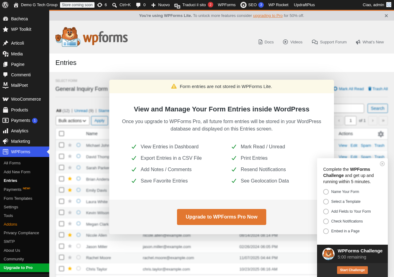 Sezione entries di WPForms per verificare il corretto funzionamento dei moduli