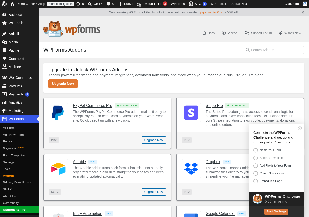 Screenshot del plugin nella dashboard WordPress