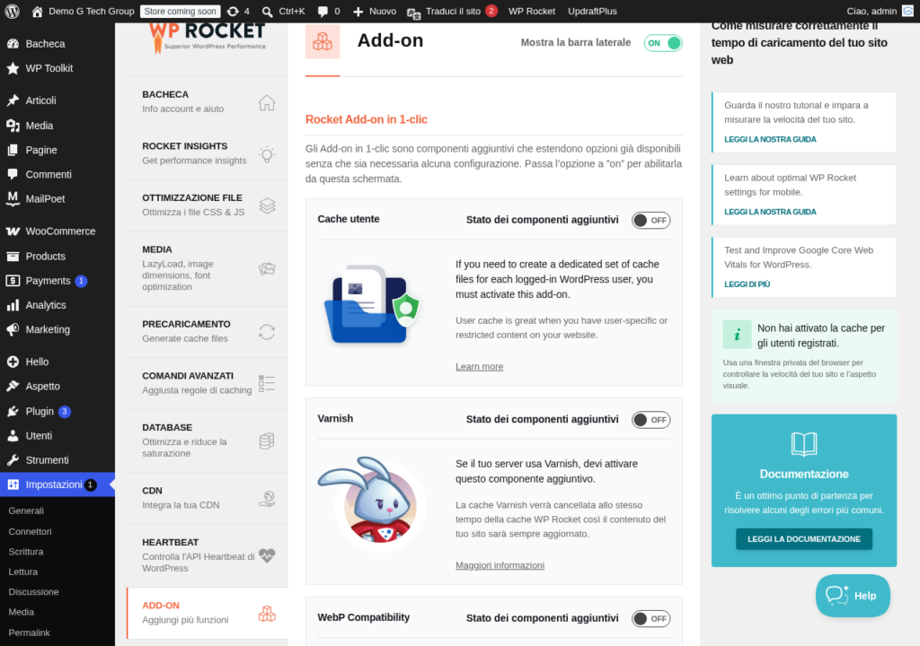 WP Rocket addons tab