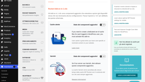 WP Rocket addons tab