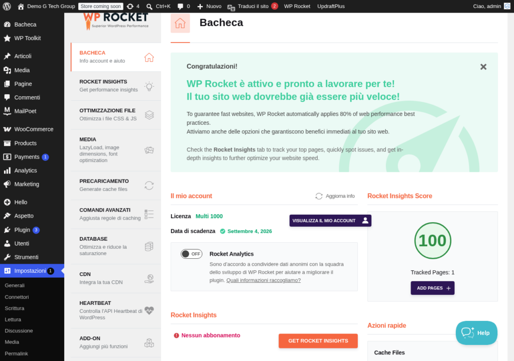 WP Rocket dashboard tab