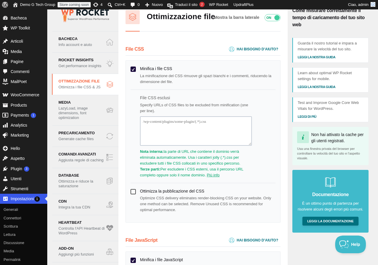 Impostazioni cache pagine in WP Rocket