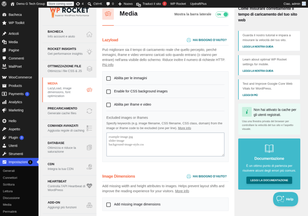 WP Rocket media tab