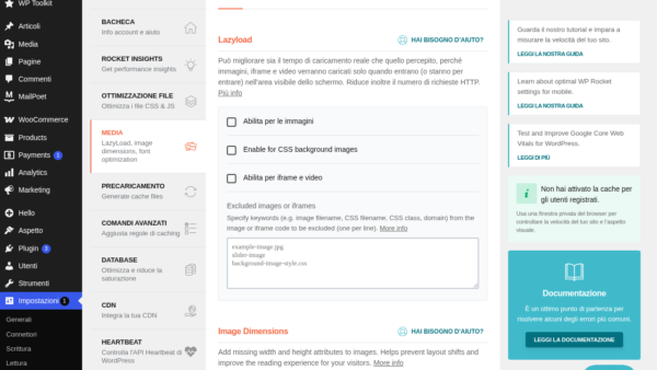 WP Rocket media tab