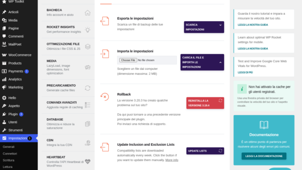WP Rocket tools tab