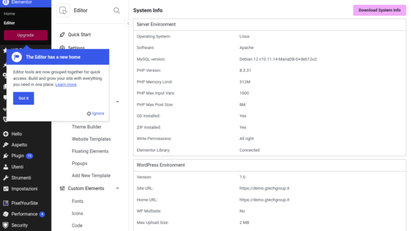 Elementor System Info