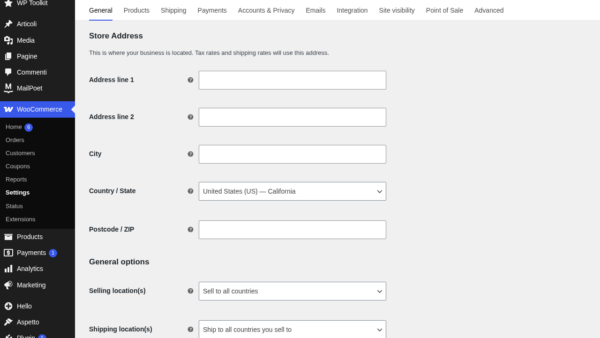 WooCommerce Impostazioni