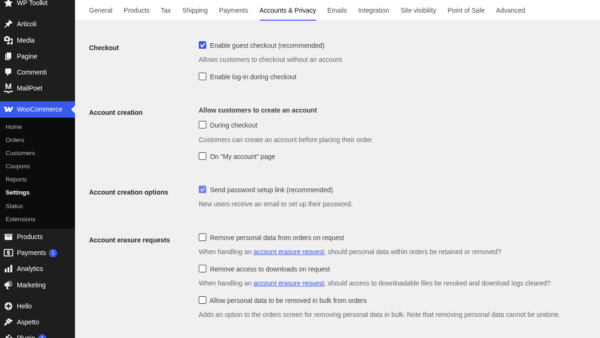 WooCommerce Impostazioni Account