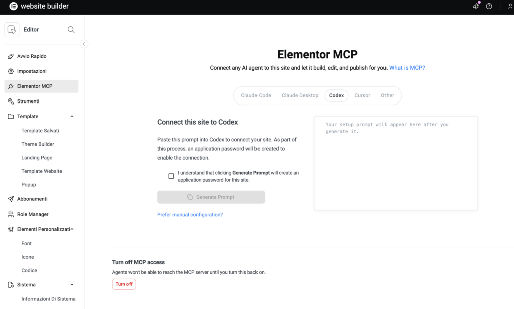 Pagina Elementor MCP nella bacheca WordPress per collegare uno strumento AI
