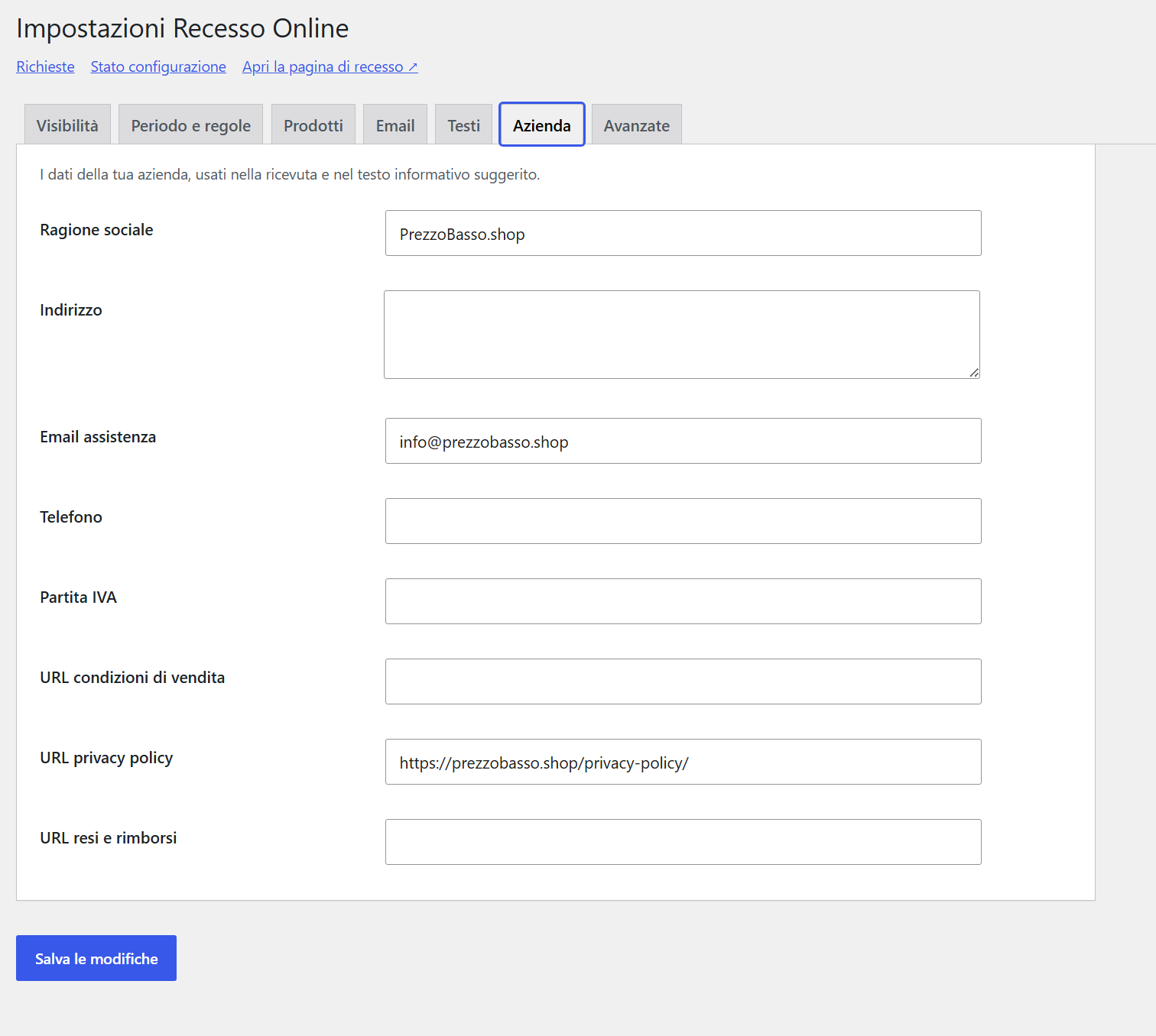 GTG Recesso Online — Dati aziendali