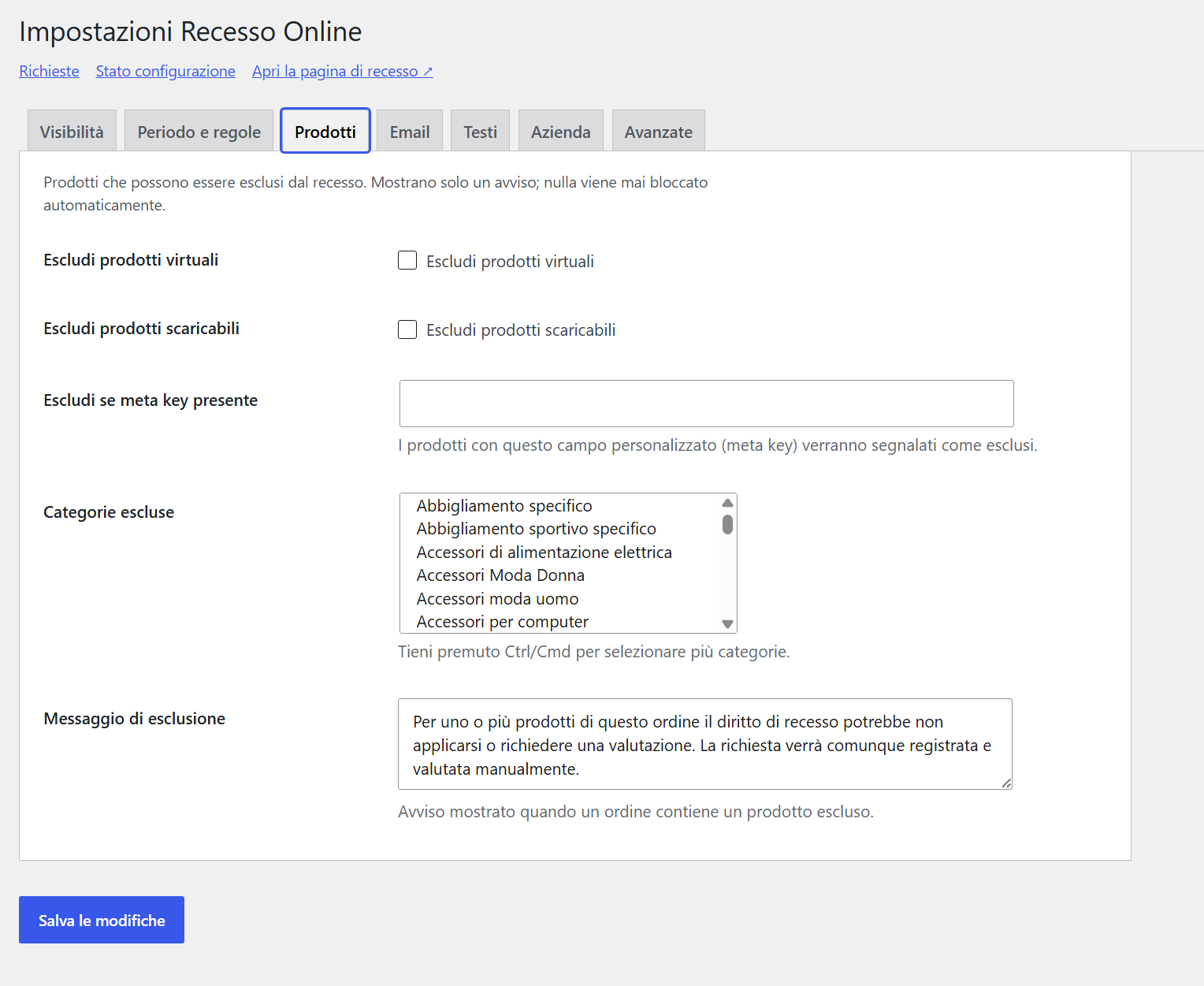 GTG Recesso Online — Esclusione prodotti e categorie