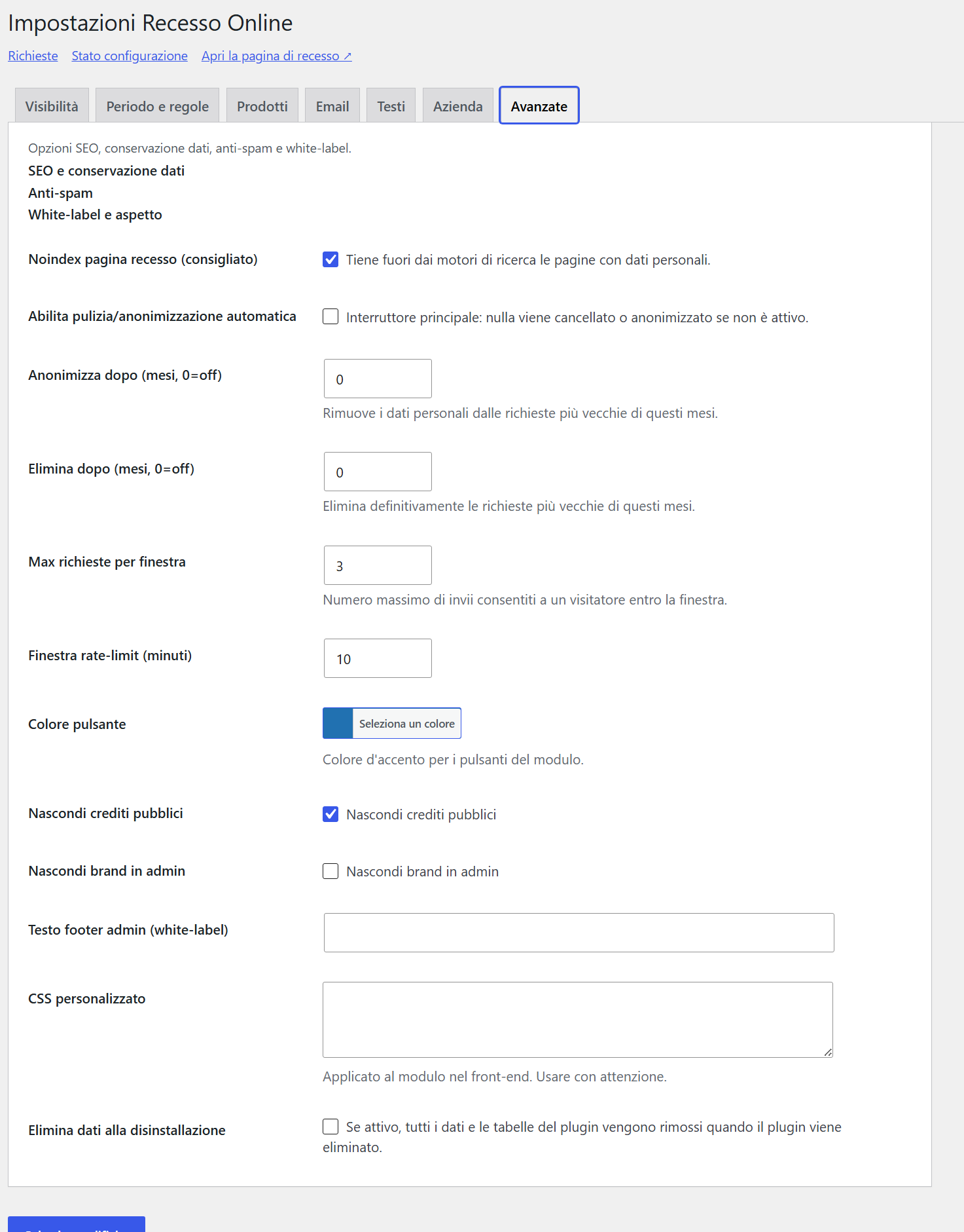 GTG Recesso Online — Impostazioni generali