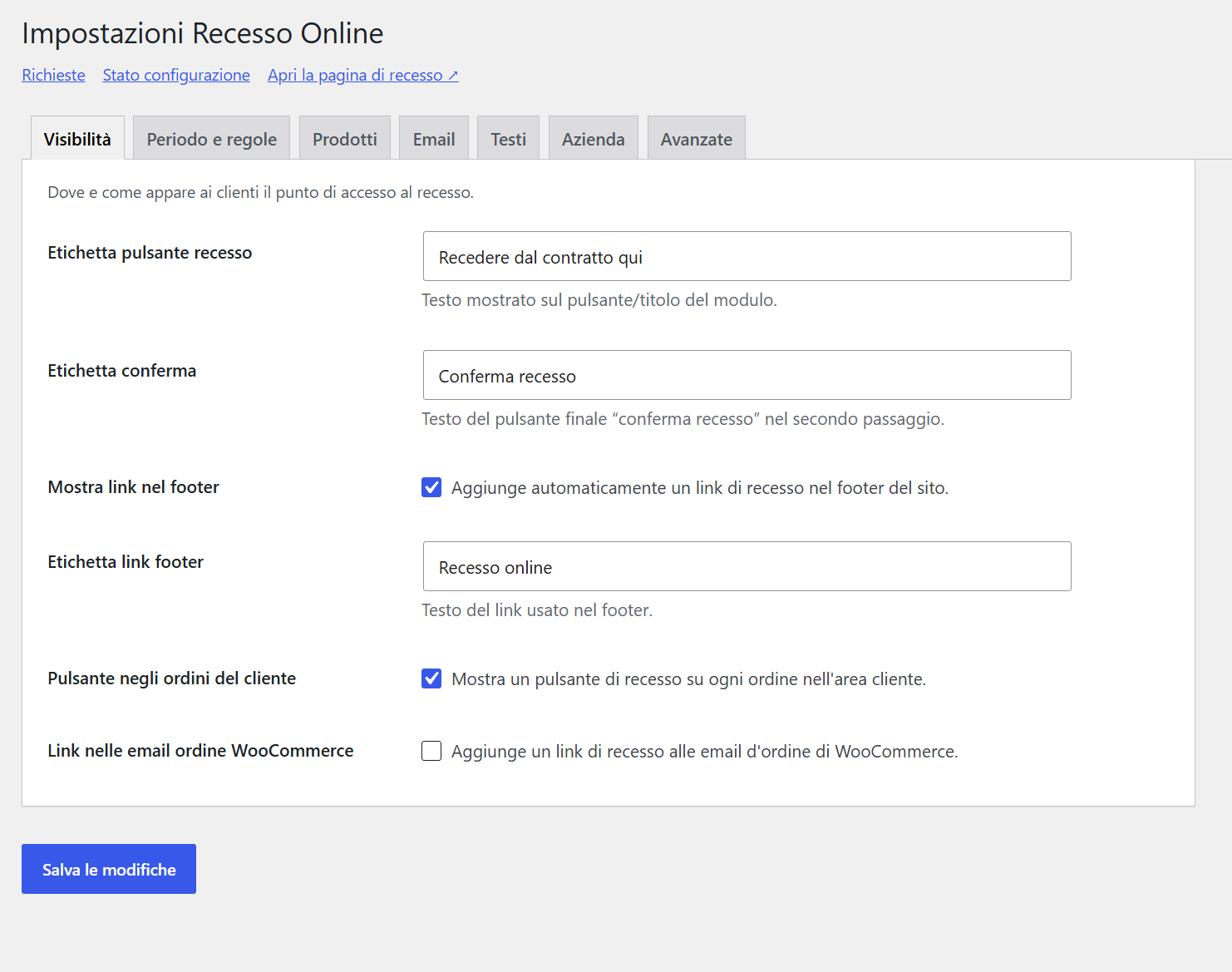GTG Recesso Online — Configurazione del recesso