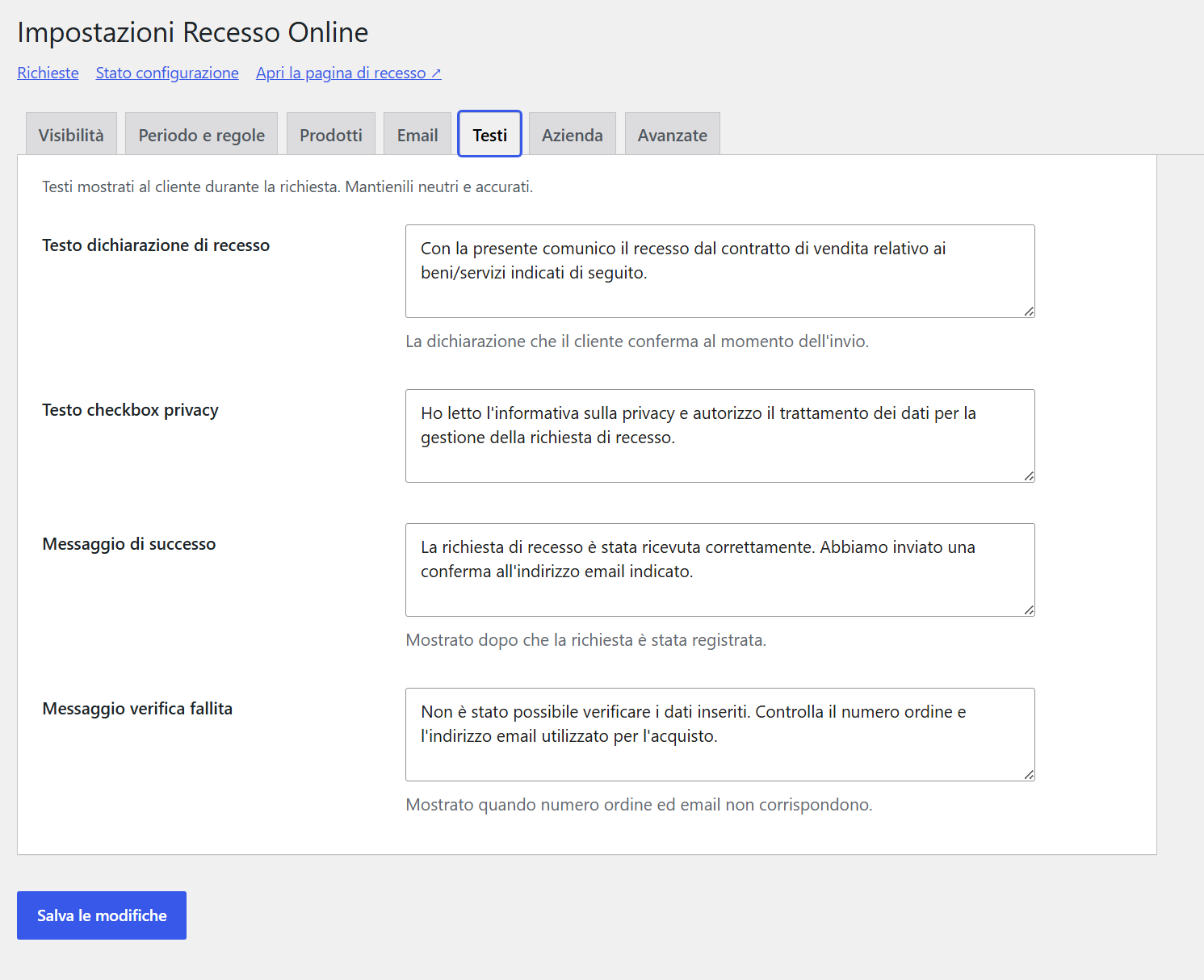 GTG Recesso Online — Personalizzazione dei testi