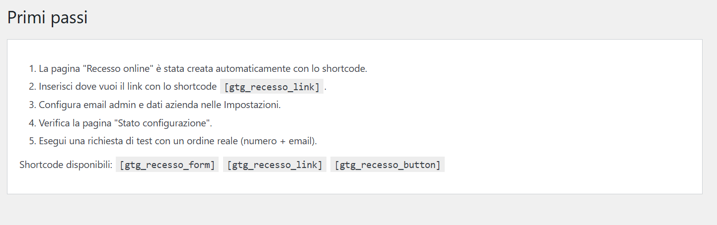 GTG Recesso Online — Shortcode di pubblicazione
