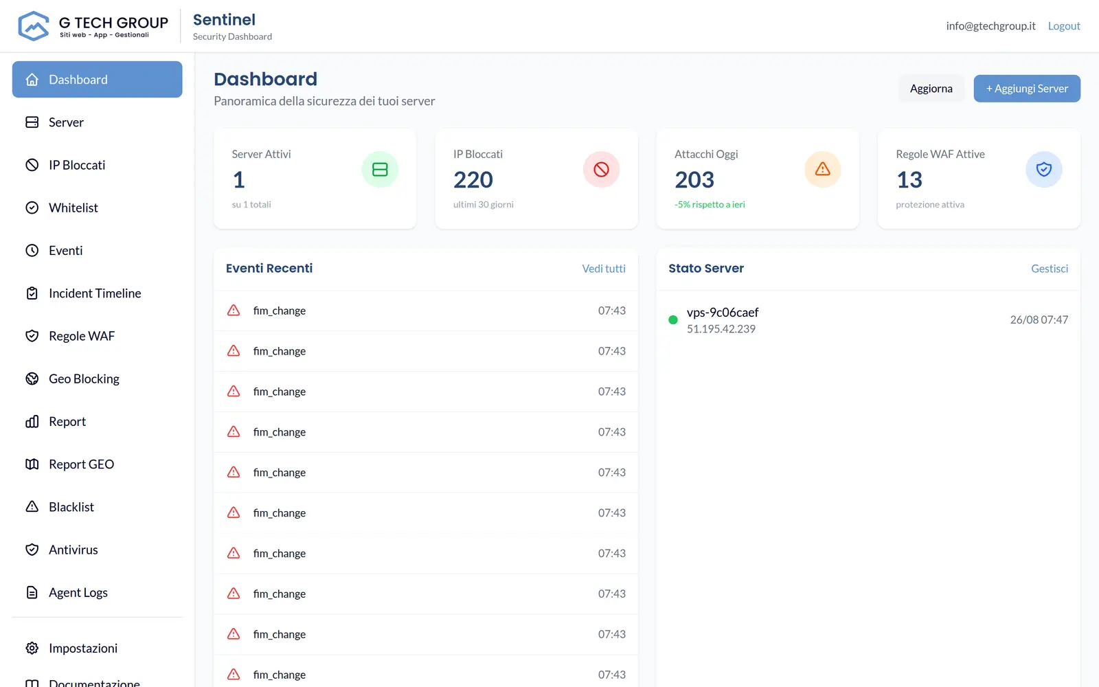 Dashboard: fleet status and security activity in real time.